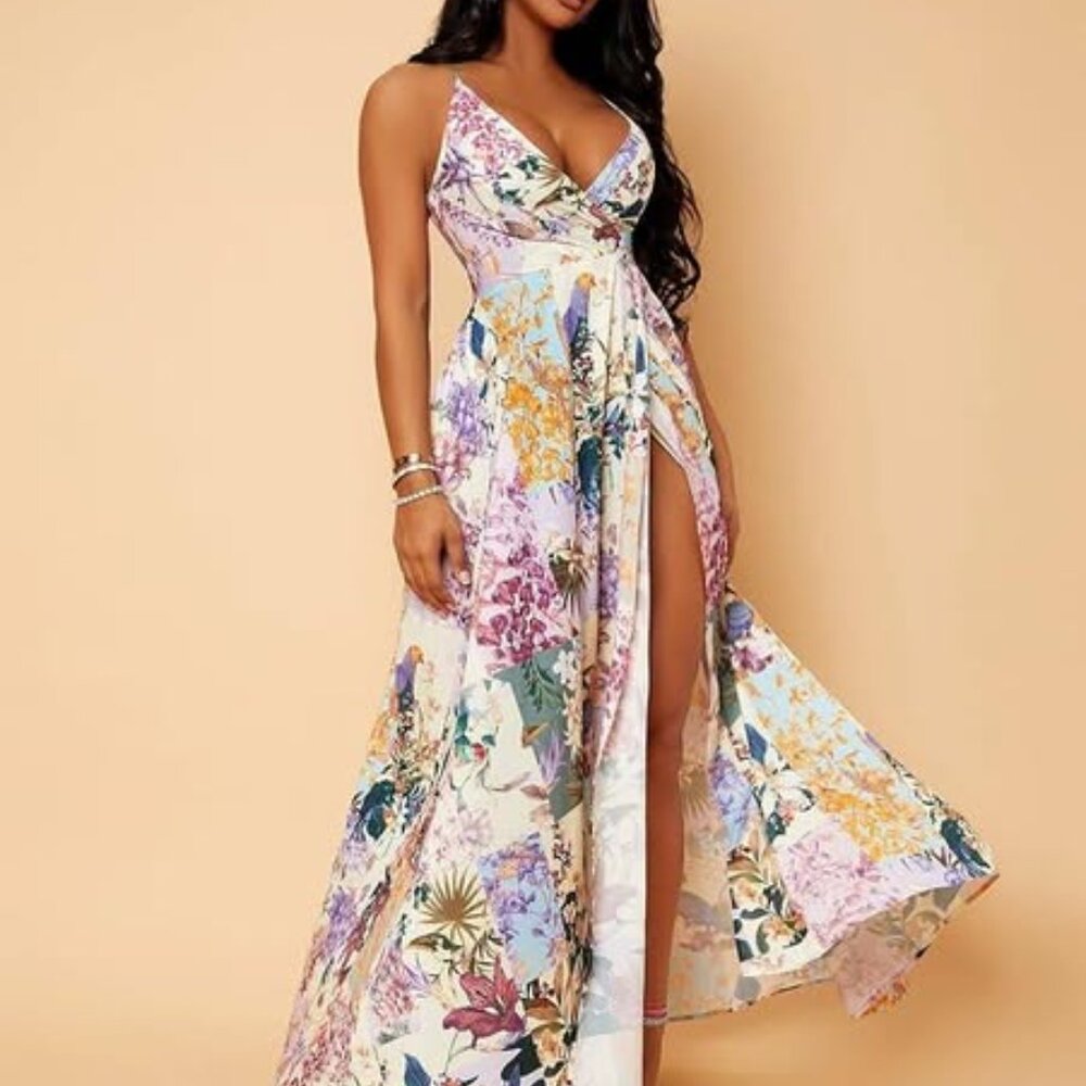 Beautiful floral sun maxi dress with high slit Sz XL